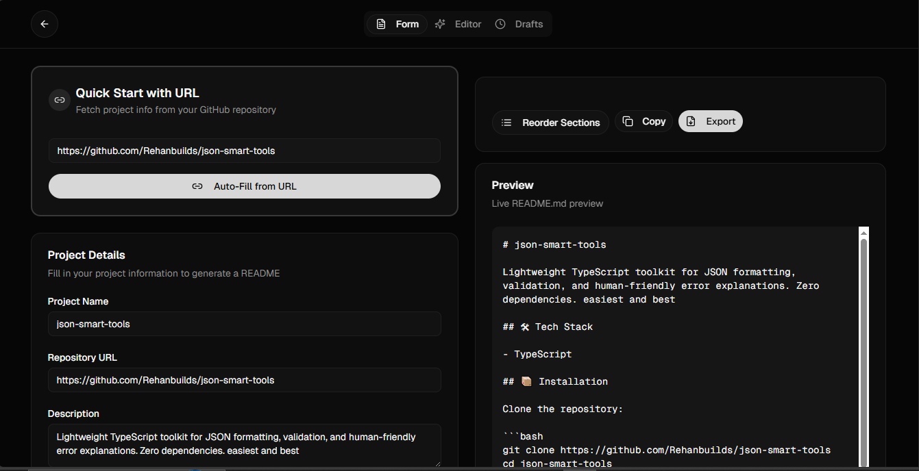 README Gen - Form, Editor, and Preview Interface